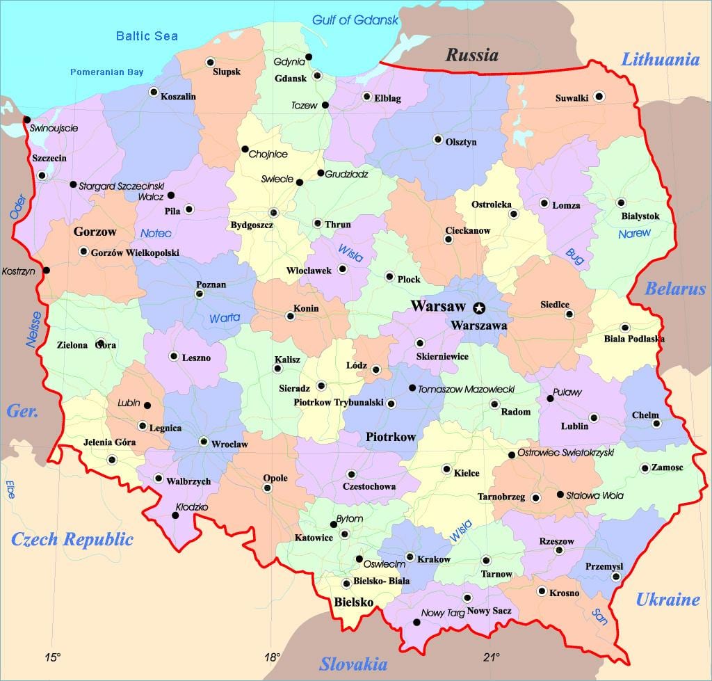 地図ポーランドの都市
